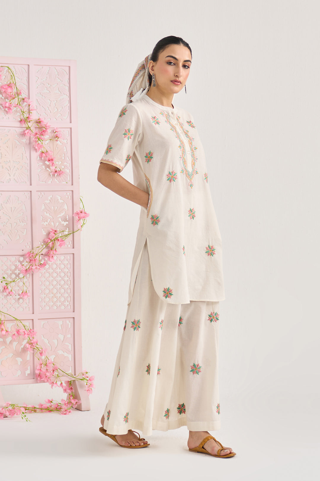 Chikankari summer 26" kora Short kurta with flared palazzo and scarf ( set of 3)