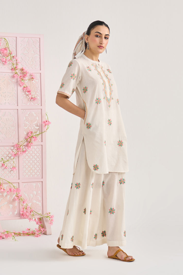 Chikankari summer 26" kora Short kurta with flared palazzo and scarf ( set of 3)