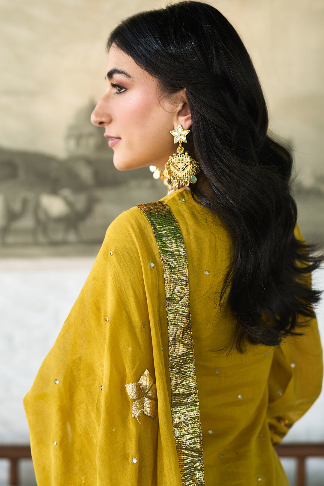 Ombre gota mustard to green embroidered short kurti with ombre skirt and dupatta ( set of 3 ) RTS