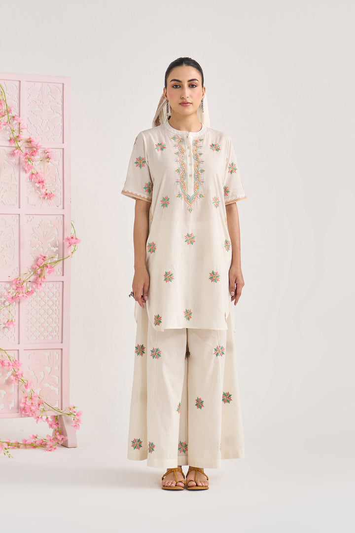 Chikankari summer 26" kora Short kurta with flared palazzo and scarf ( set of 3)