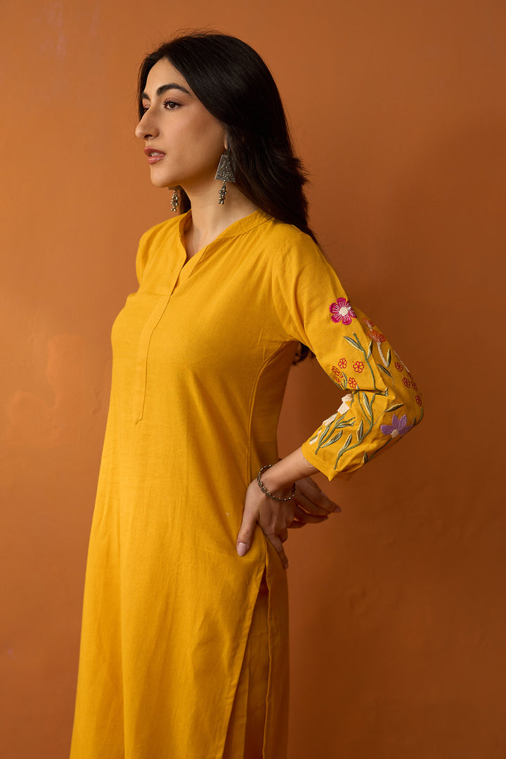 Handcrafted Chikankari Mustard co ored set