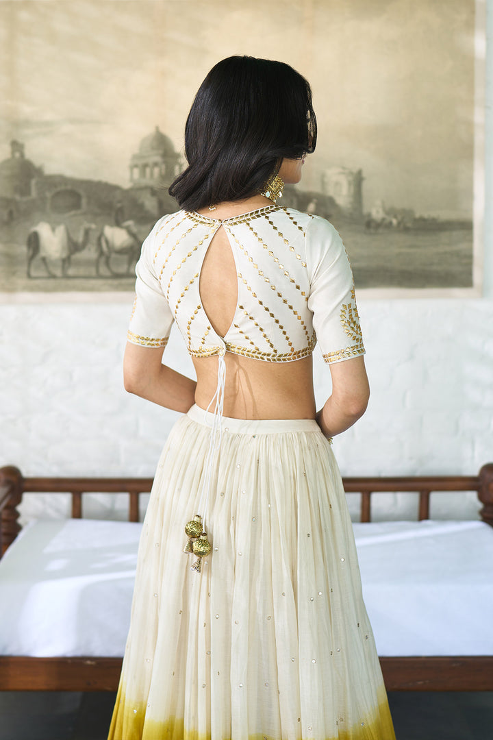 Ombre gota mustard double layer ombre lehenga with gotapatti blouse with dupatta ( set of 3 )