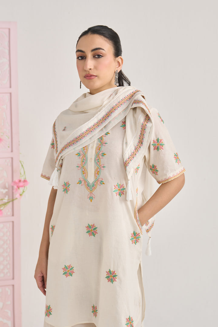 Chikankari summer 26" kora Short kurta with flared palazzo and scarf ( set of 3)