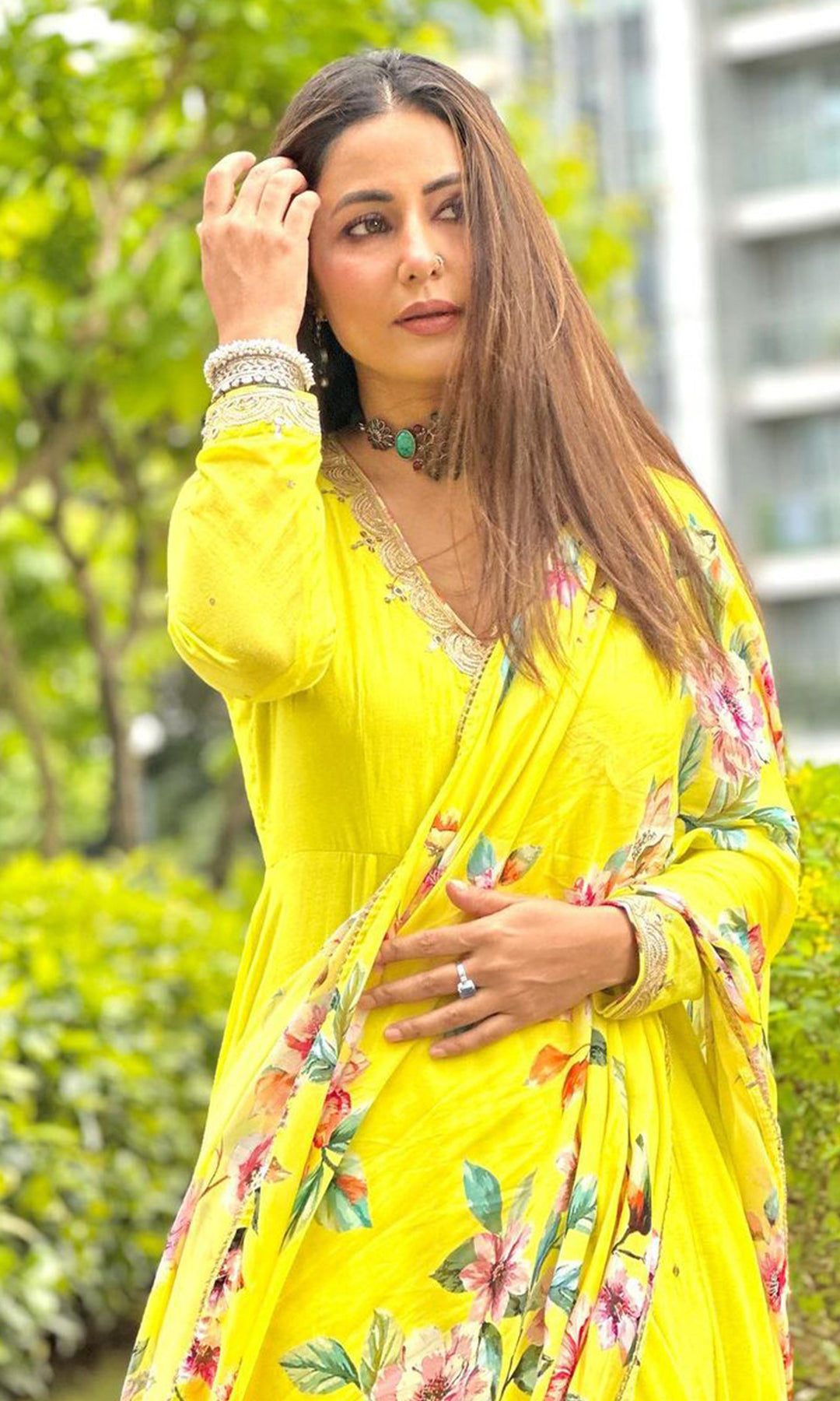 Hina Khan in Bhanvara Neon Green Anarkali with printed palazzo and dupatta- Set of 3 Hina Khan in Bhanvara Neon Green Anarkali with printed palazzo and dupatta- Set of 3