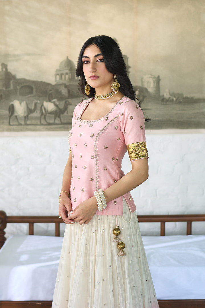 Ombre gota pink Double layer ombre lehenga with long blouse and dupatta ( set of 3 )