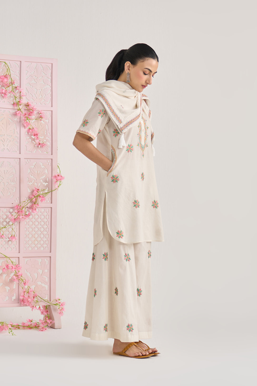 Chikankari summer 26" kora Short kurta with flared palazzo and scarf ( set of 3)