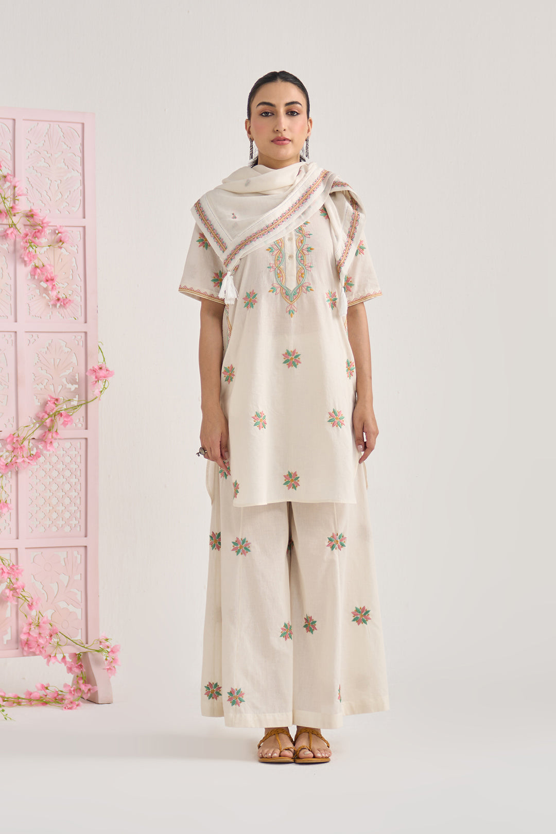 Chikankari summer 26" kora Short kurta with flared palazzo and scarf ( set of 3)