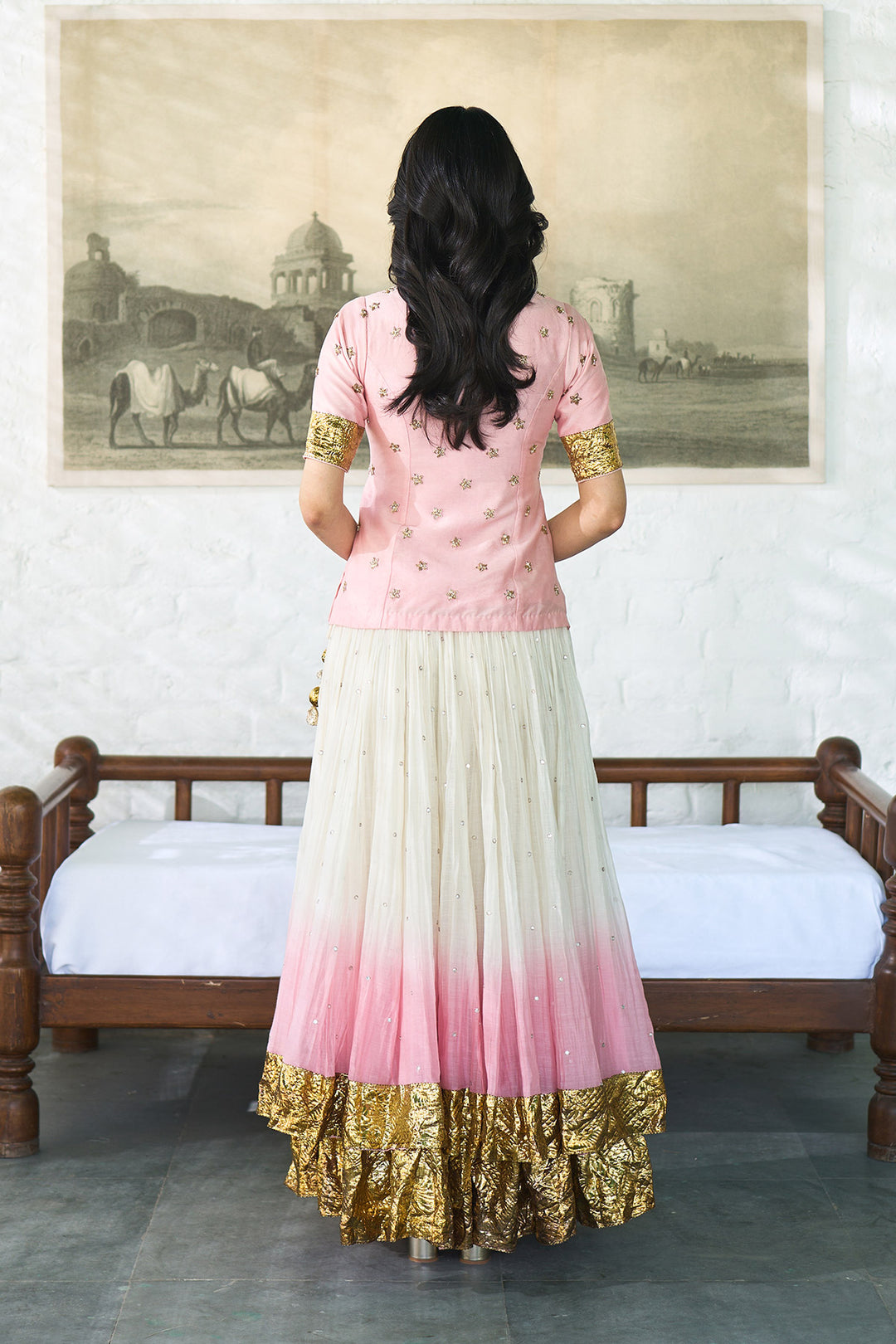 Ombre gota pink Double layer ombre lehenga with long blouse and dupatta ( set of 3 )