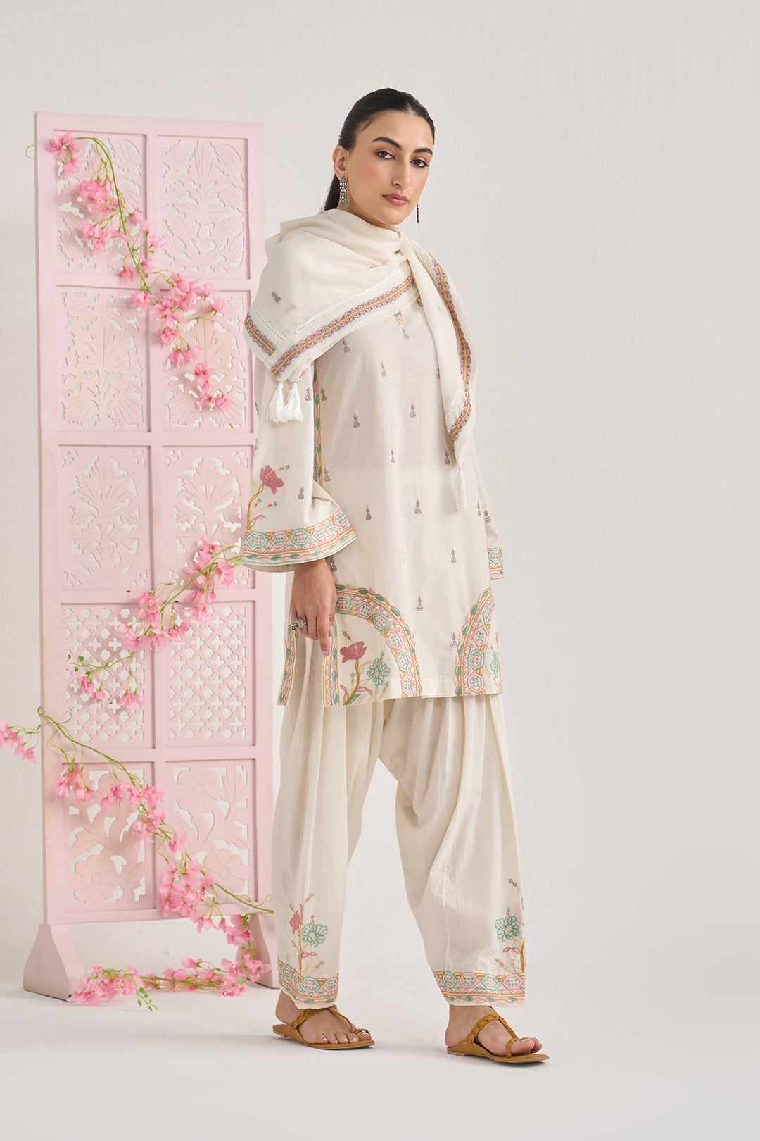 Chikankari summer 26" kora Straight cut kurta with salwar and scarf ( set of 3)
