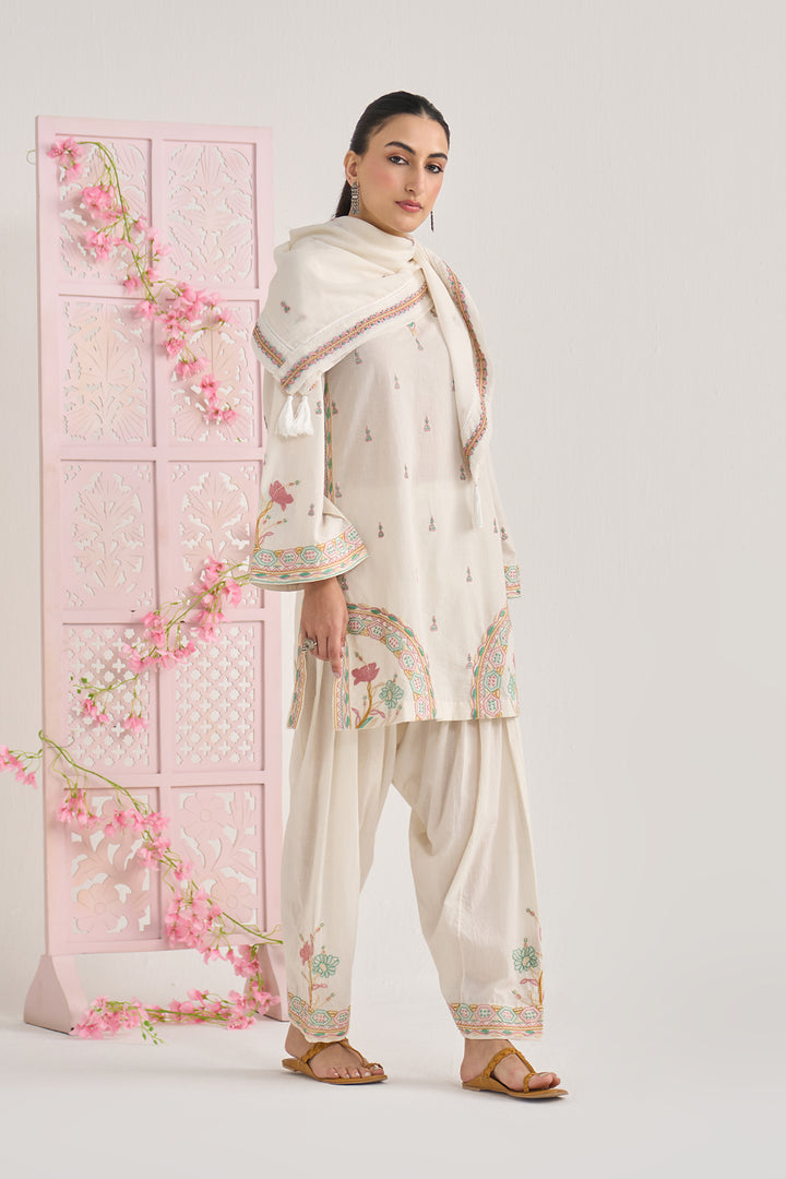 Chikankari summer 26" kora Straight cut kurta with salwar and scarf ( set of 3)