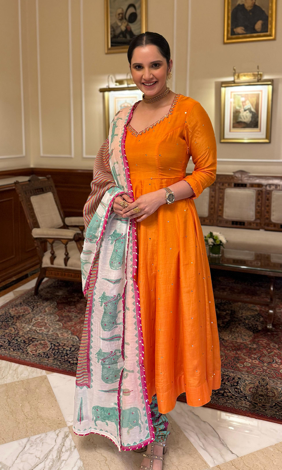 Sania Mirza in Malasa Mustard Anarkali Set