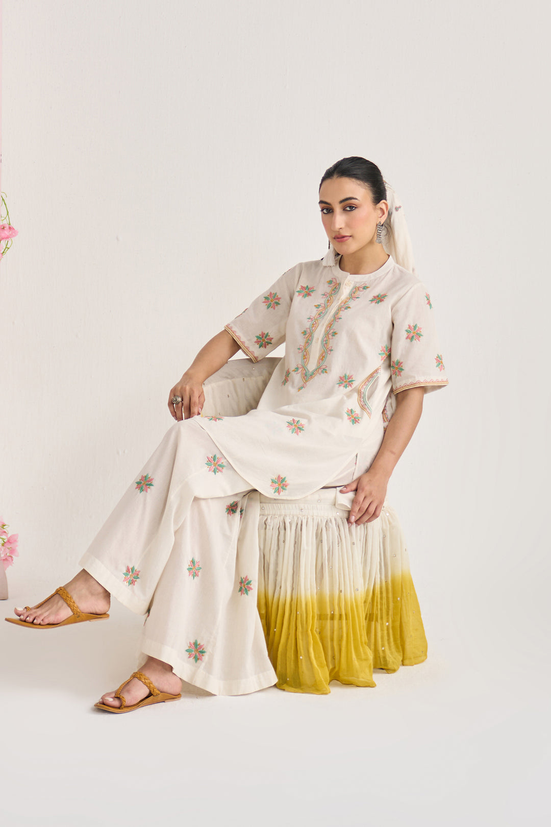 Chikankari summer 26" kora Short kurta with flared palazzo and scarf ( set of 3)