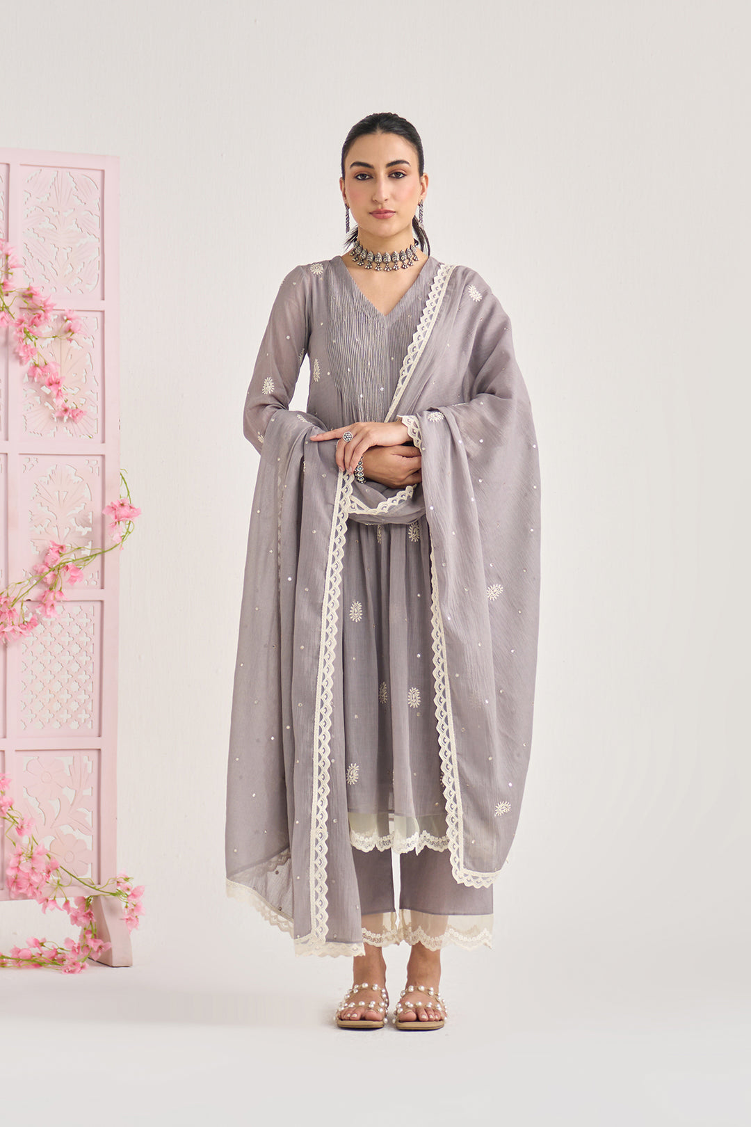 Chikankari summer 26" Grey lace detailed chikankari pintuck kurta with palazzo and dupatta (set of 3)