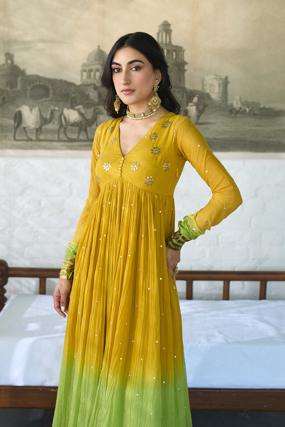 Ombre gota mustard to green  v- neck gota patti embroidered anarkali with palazzo and dupatta ( set  of 3 )