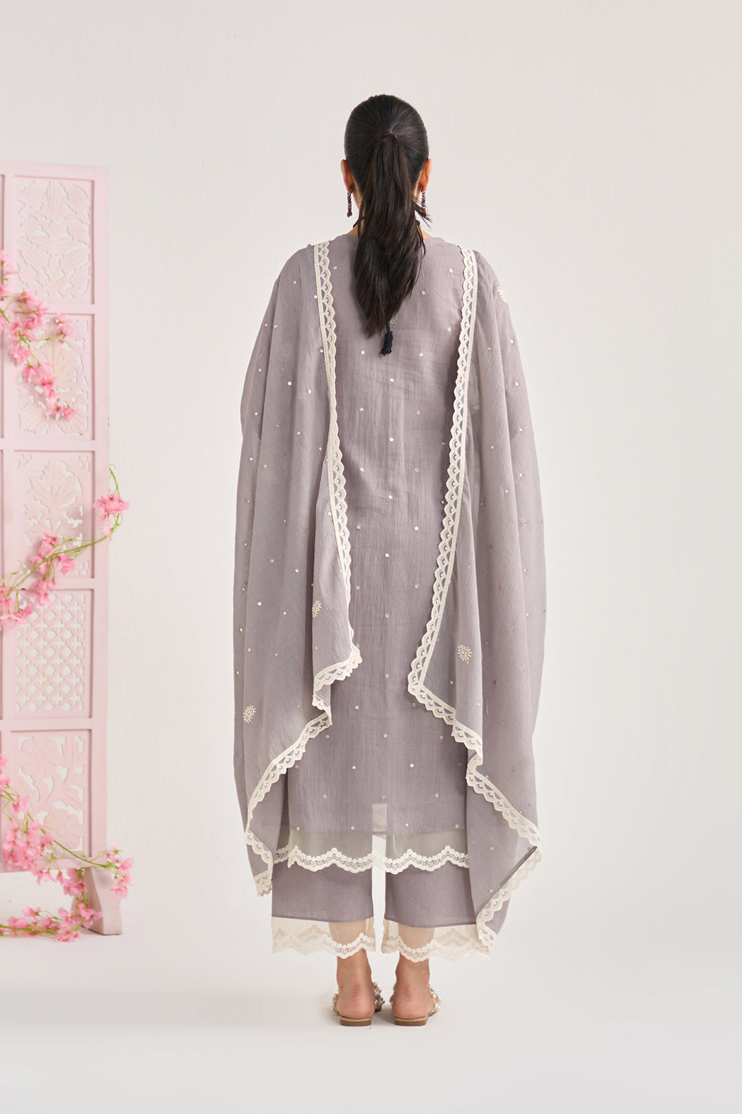 Chikankari summer 26" Grey lace detailed chikankari pintuck kurta with palazzo and dupatta (set of 3)