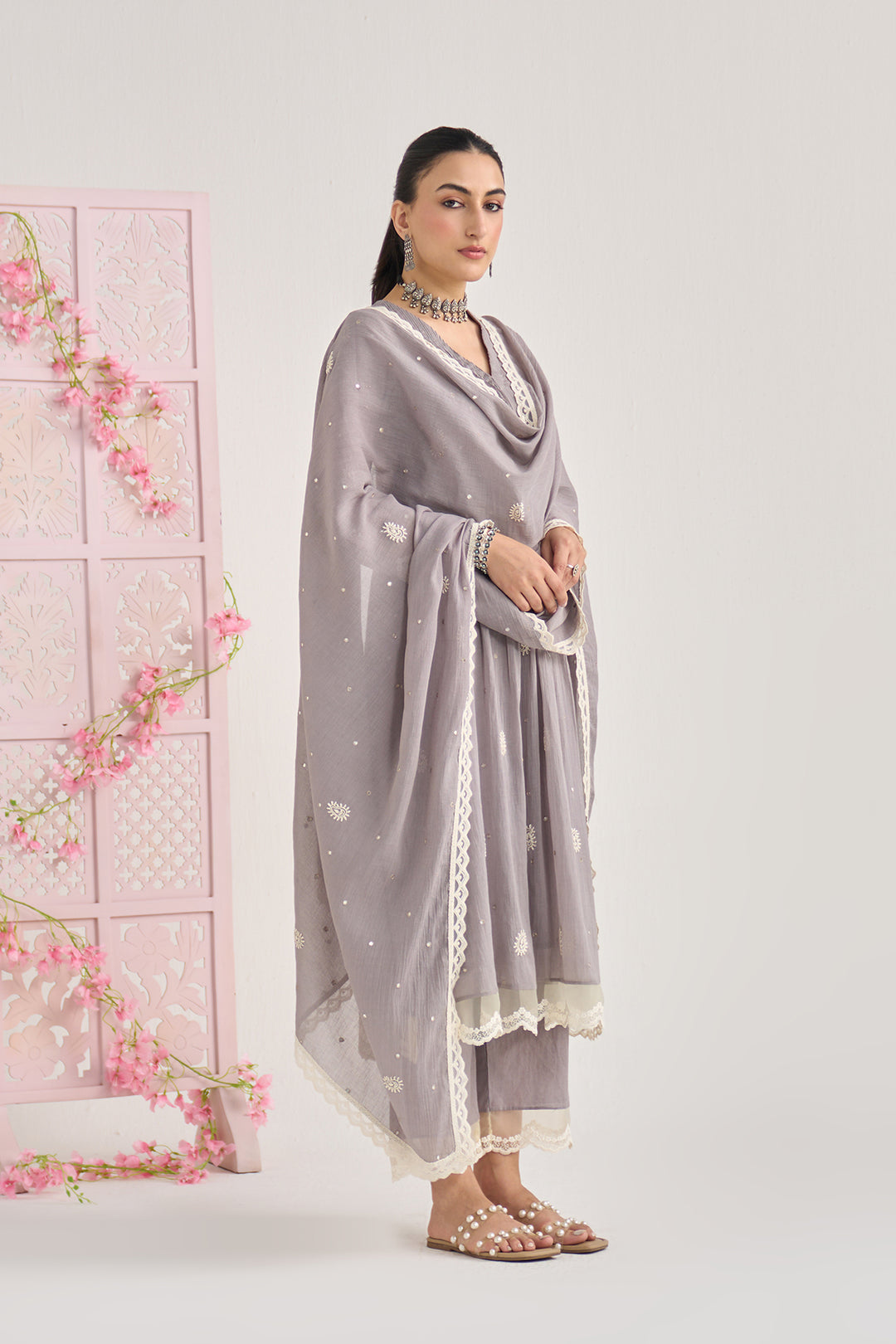 Chikankari summer 26" Grey lace detailed chikankari pintuck kurta with palazzo and dupatta (set of 3)