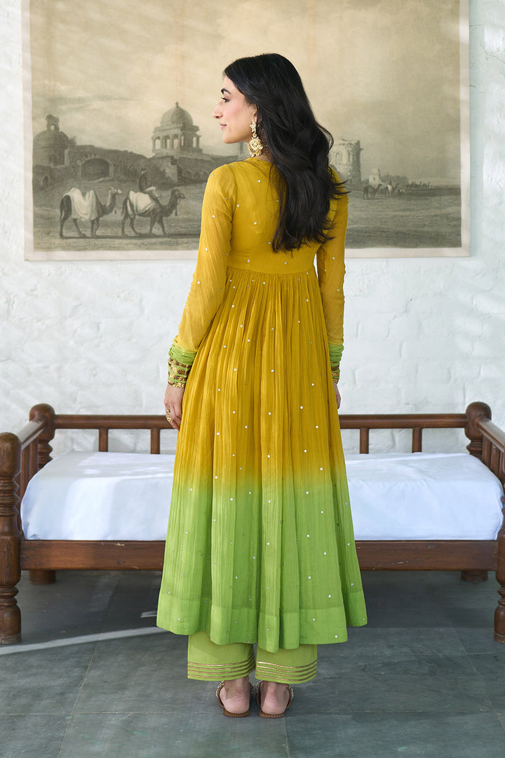 Ombre gota mustard to green  v- neck gota patti embroidered anarkali with palazzo and dupatta ( set  of 3 )