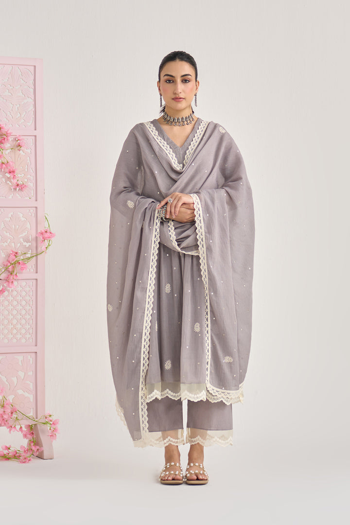 Chikankari summer 26" Grey lace detailed chikankari pintuck kurta with palazzo and dupatta (set of 3)