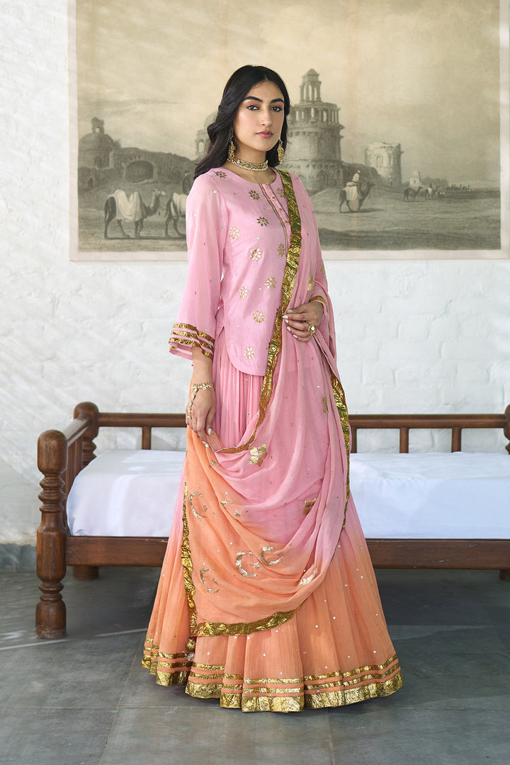 Ombre gota pink to orange embroidered short kurti with ombre skirt and dupatta ( set of 3 ) RTS