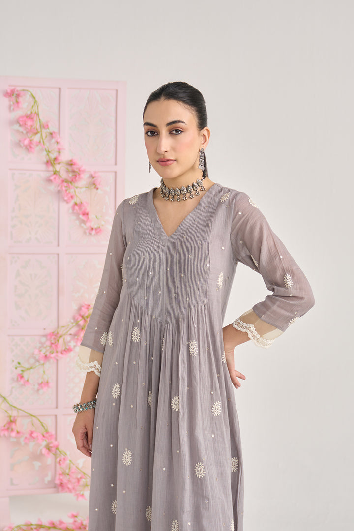 Chikankari summer 26" Grey lace detailed chikankari pintuck kurta with palazzo and dupatta (set of 3)