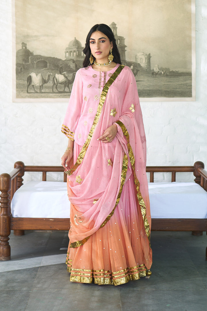 Ombre gota pink to orange embroidered short kurti with ombre skirt and dupatta ( set of 3 ) RTS