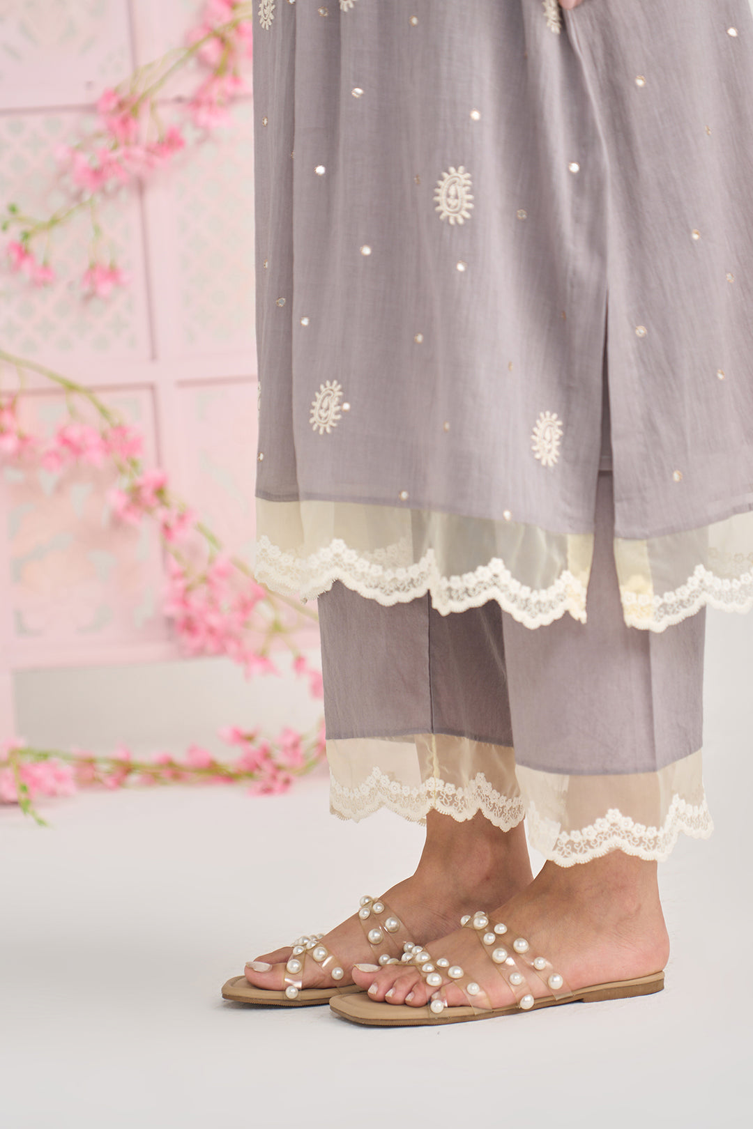 Chikankari summer 26" Grey lace detailed chikankari pintuck kurta with palazzo and dupatta (set of 3)