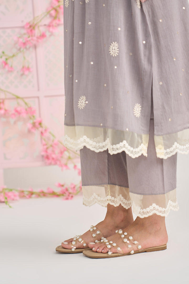 Chikankari summer 26" Grey lace detailed chikankari pintuck kurta with palazzo and dupatta (set of 3)