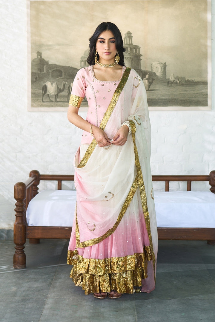 Ombre gota pink Double layer ombre lehenga with long blouse and dupatta ( set of 3 )
