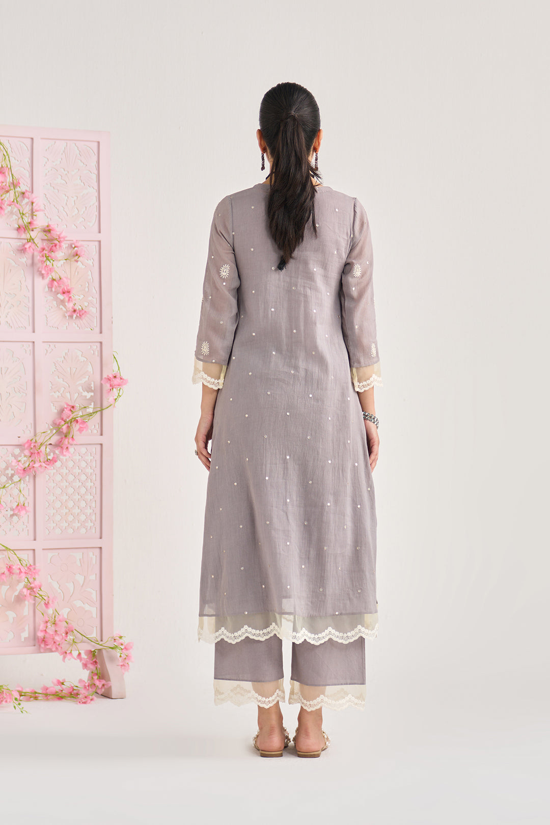 Chikankari summer 26" Grey lace detailed chikankari pintuck kurta with palazzo and dupatta (set of 3)