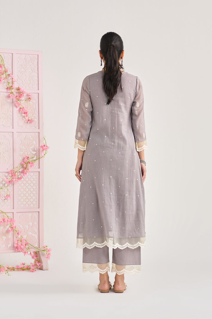 Chikankari summer 26" Grey lace detailed chikankari pintuck kurta with palazzo and dupatta (set of 3)