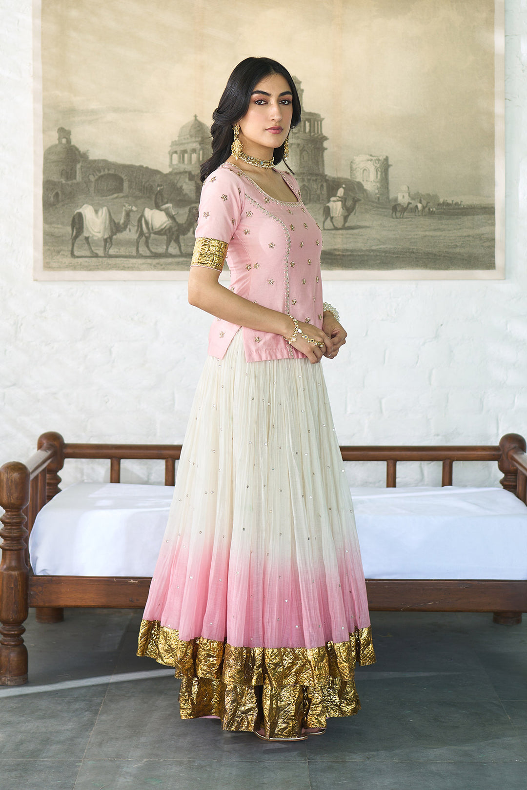 Ombre gota pink Double layer ombre lehenga with long blouse and dupatta ( set of 3 )