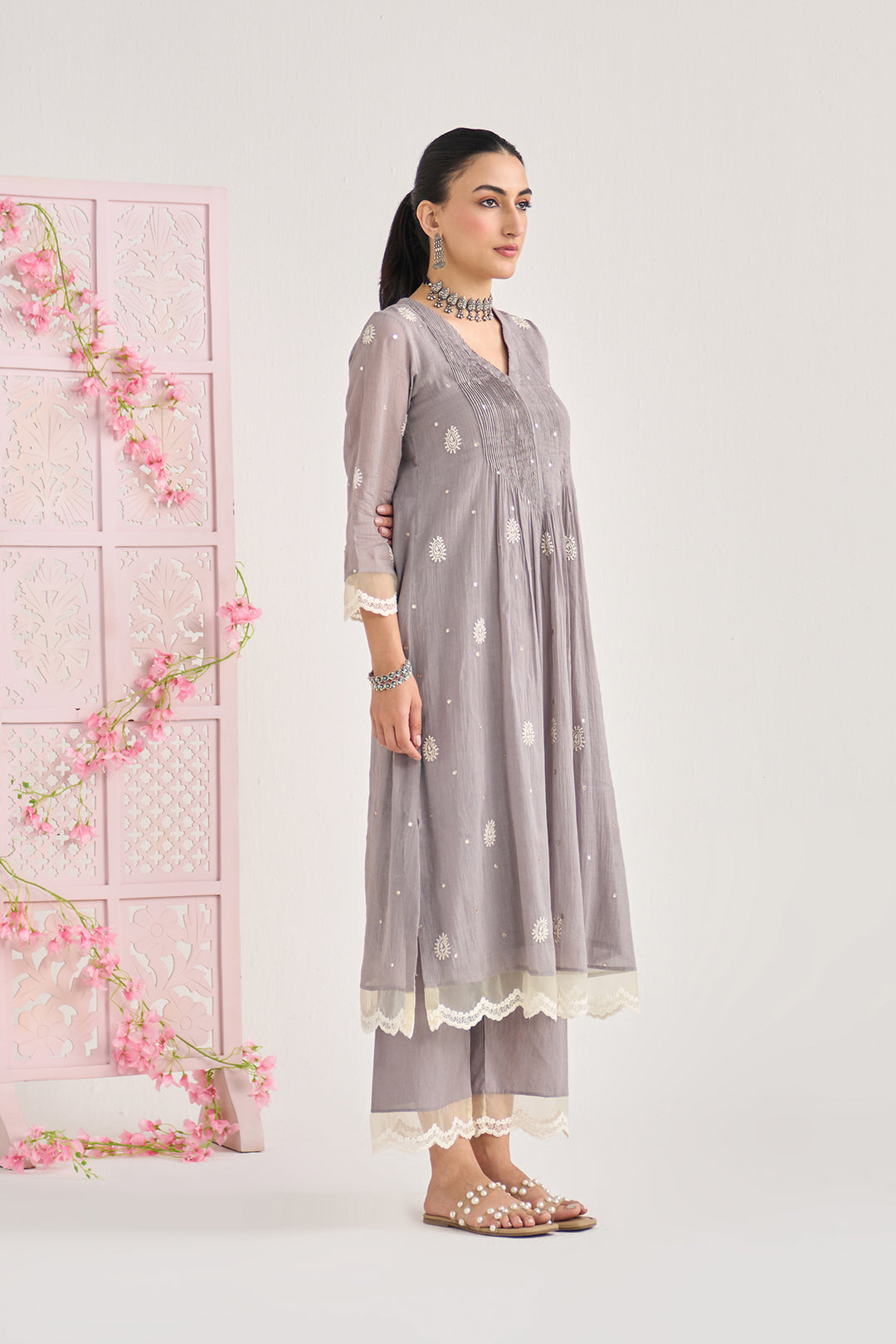 Chikankari summer 26" Grey lace detailed chikankari pintuck kurta with palazzo and dupatta (set of 3)