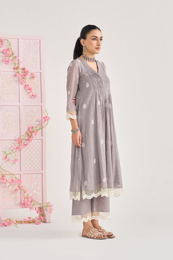 Chikankari summer 26" Grey lace detailed chikankari pintuck kurta with palazzo and dupatta (set of 3)