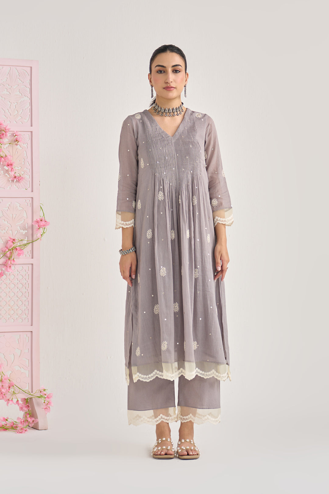 Chikankari summer 26" Grey lace detailed chikankari pintuck kurta with palazzo and dupatta (set of 3)