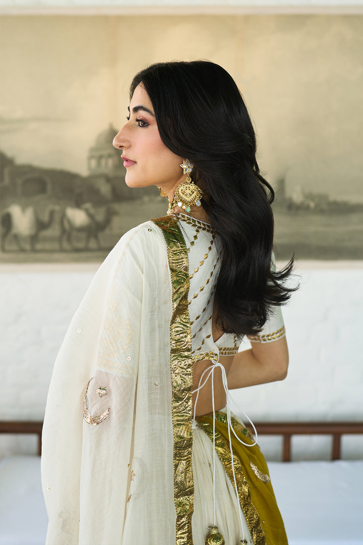 Ombre gota mustard double layer ombre lehenga with gotapatti blouse with dupatta ( set of 3 )