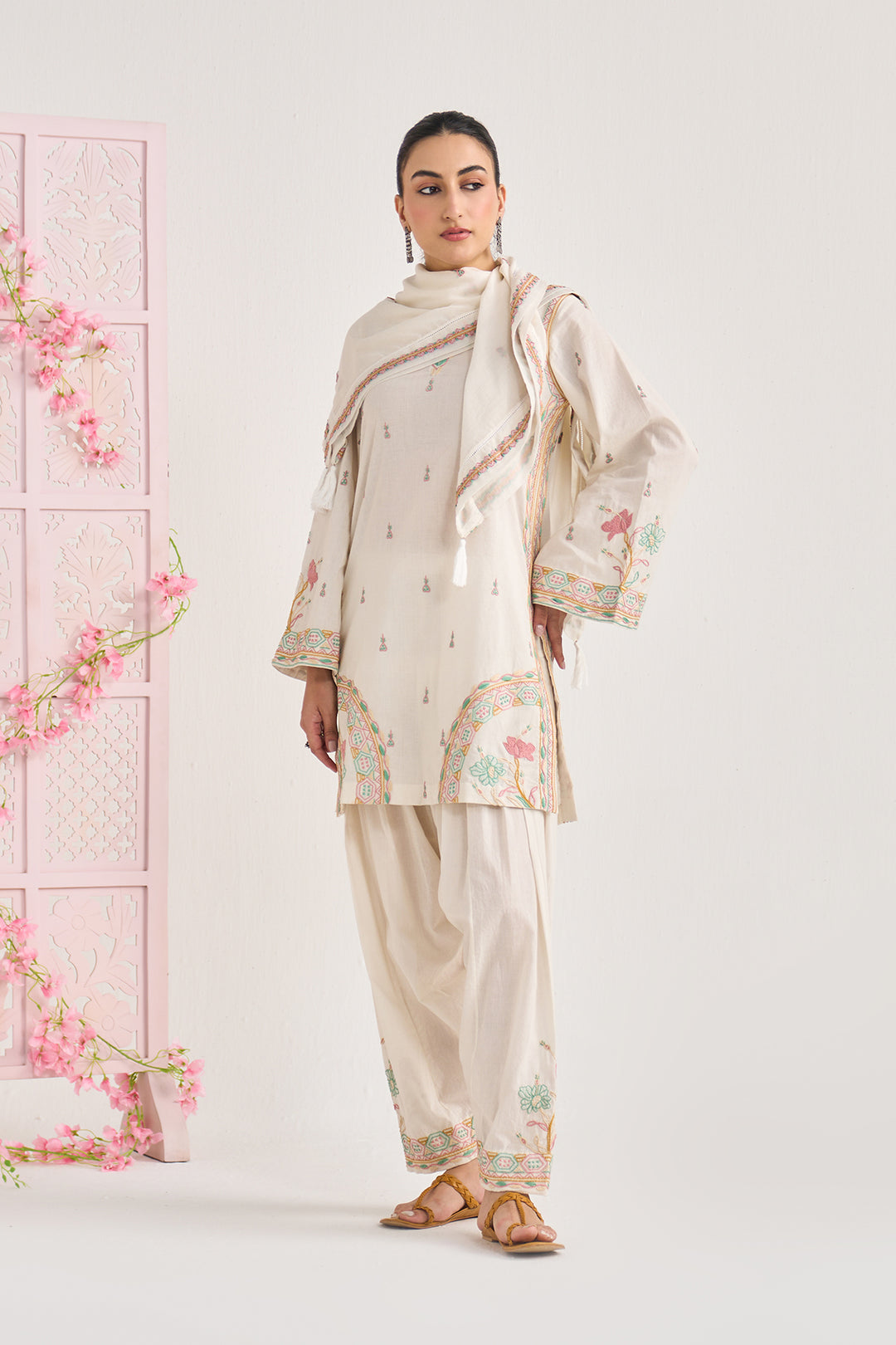 Chikankari summer 26" kora Straight cut kurta with salwar and scarf ( set of 3)