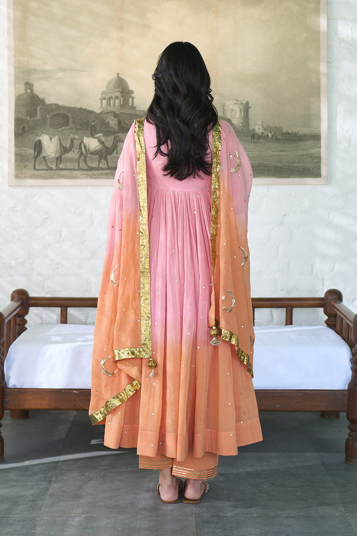 Ombre gota pink to orange v- neck gota patti embroidered anarkali with palazzo and dupatta ( set  of 3 ) RTS