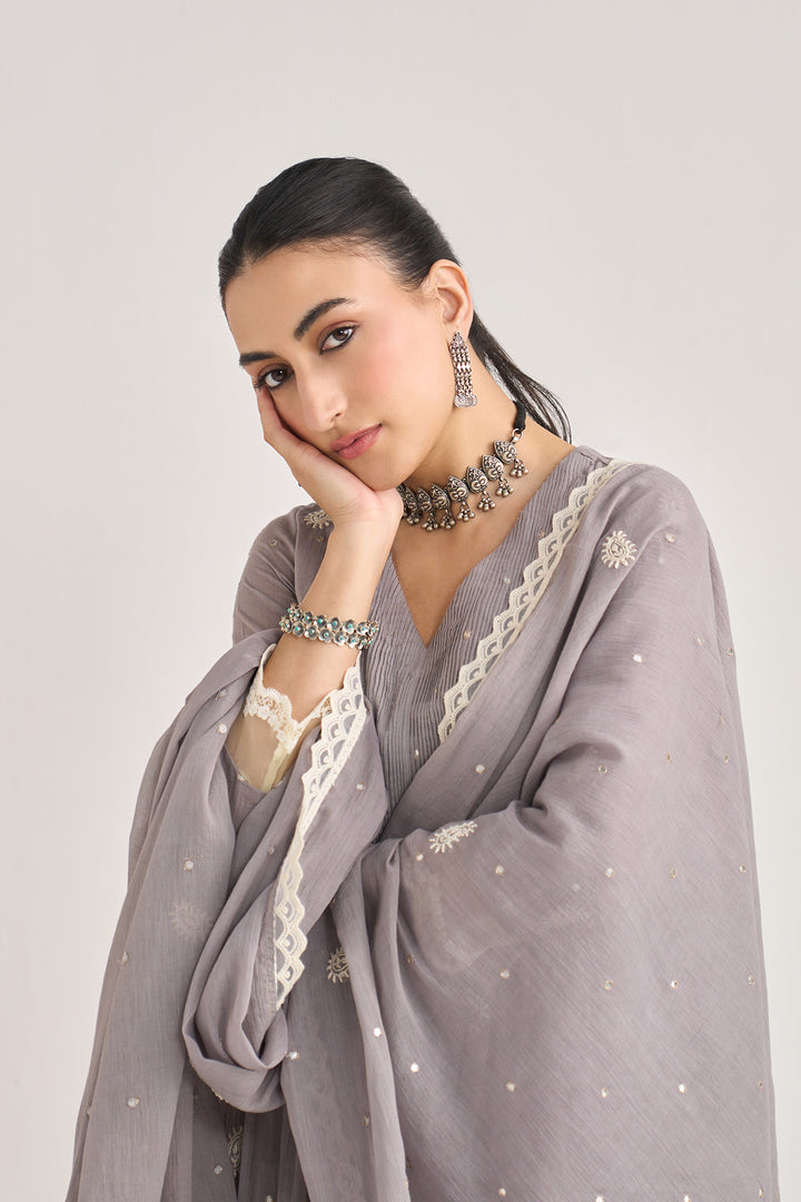 Chikankari summer 26" Grey lace detailed chikankari pintuck kurta with palazzo and dupatta (set of 3)