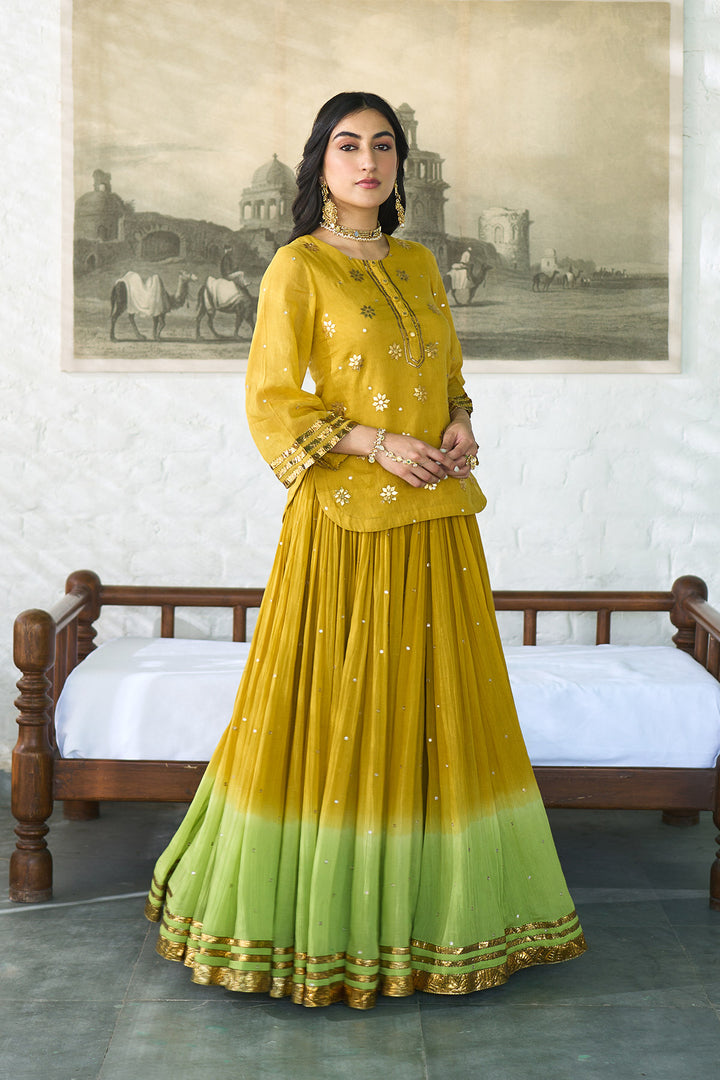 Ombre gota mustard to green embroidered short kurti with ombre skirt and dupatta ( set of 3 ) RTS