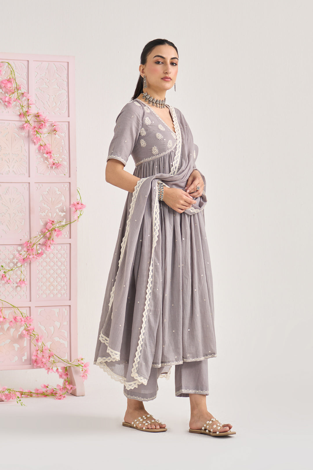 Chikankari summer 26" Grey Chikankari vneck gathered kurta with palazzo and dupatta ( set of 3)