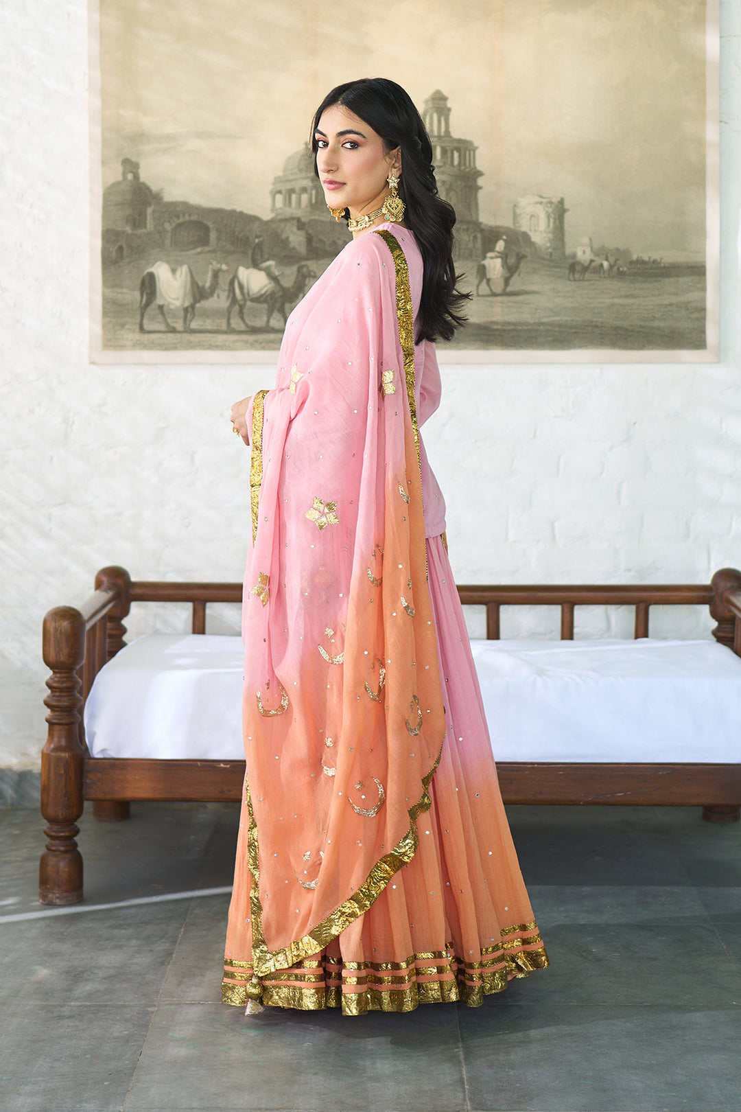 Ombre gota pink to orange embroidered short kurti with ombre skirt and dupatta ( set of 3 ) RTS