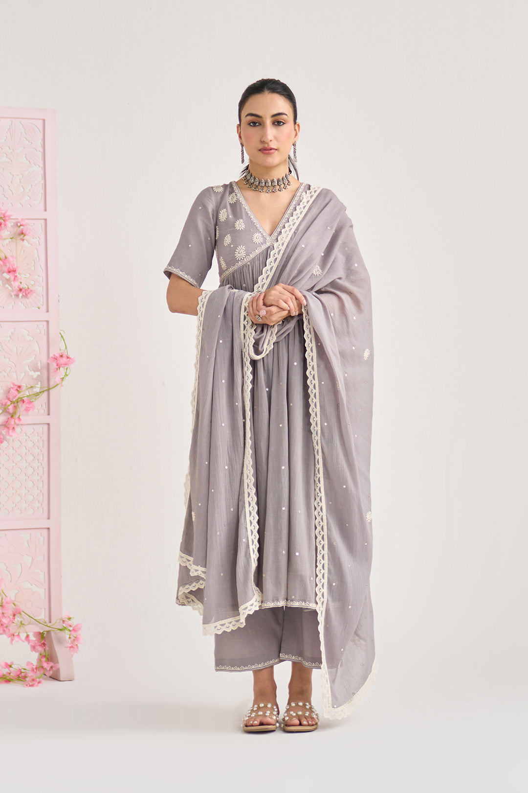 Chikankari summer 26" Grey Chikankari vneck gathered kurta with palazzo and dupatta ( set of 3)
