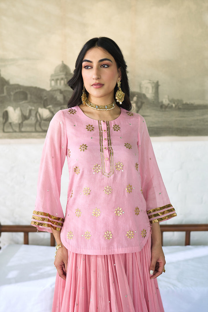 Ombre gota pink to orange embroidered short kurti with ombre skirt and dupatta ( set of 3 ) RTS
