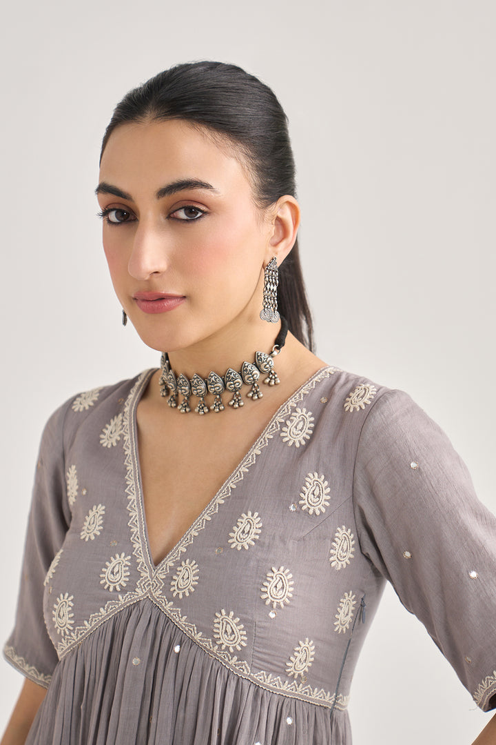 Chikankari summer 26" Grey Chikankari vneck gathered kurta with palazzo and dupatta ( set of 3)