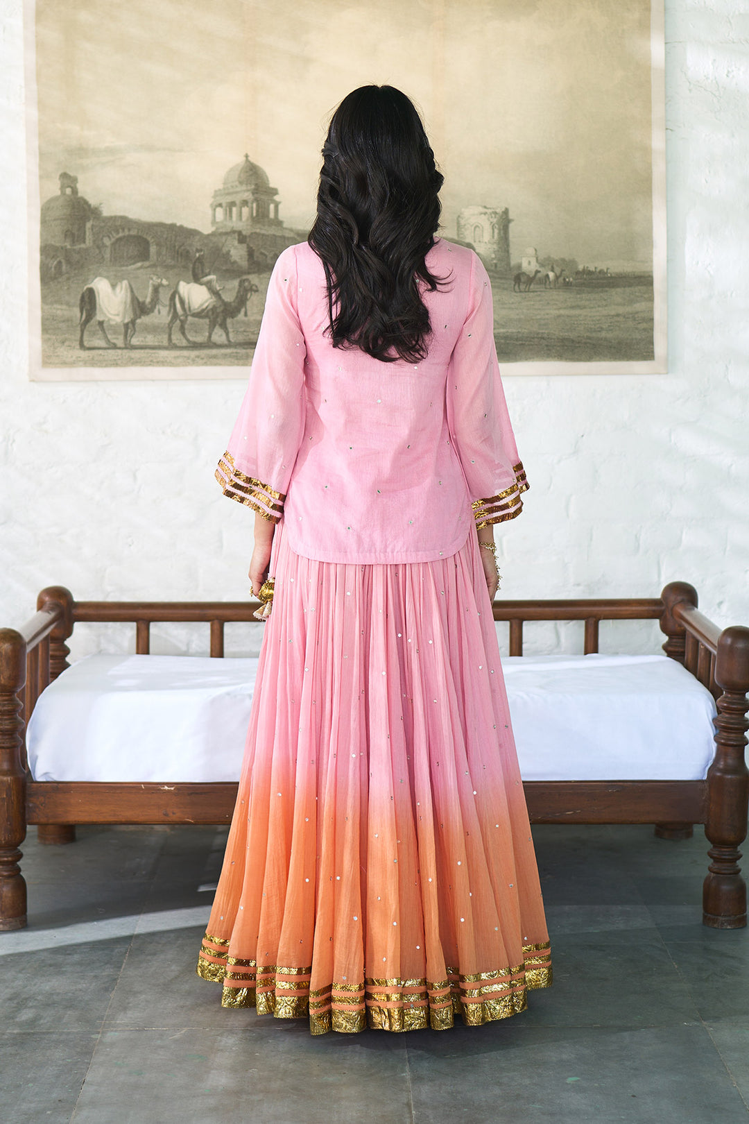 Ombre gota pink to orange embroidered short kurti with ombre skirt and dupatta ( set of 3 ) RTS