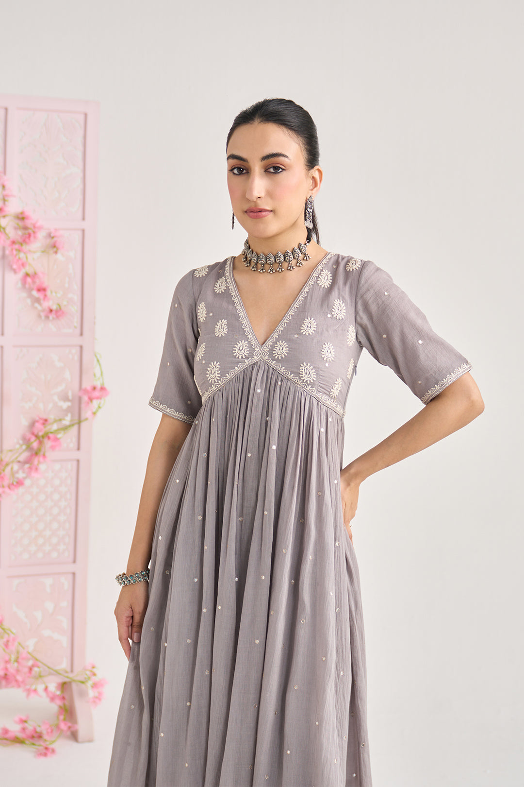 Chikankari summer 26" Grey Chikankari vneck gathered kurta with palazzo and dupatta ( set of 3)