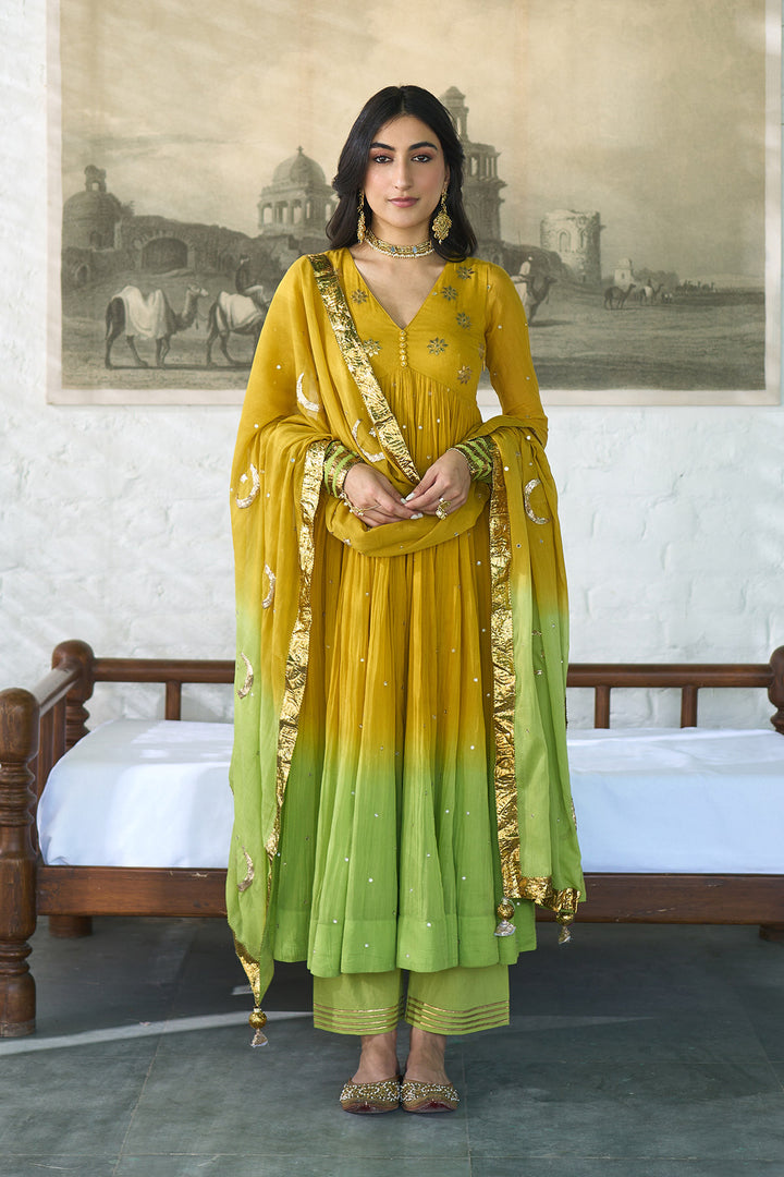 Ombre gota mustard to green  v- neck gota patti embroidered anarkali with palazzo and dupatta ( set  of 3 )