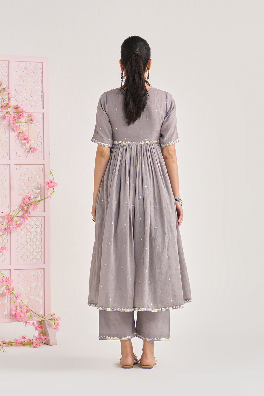 Chikankari summer 26" Grey Chikankari vneck gathered kurta with palazzo and dupatta ( set of 3)