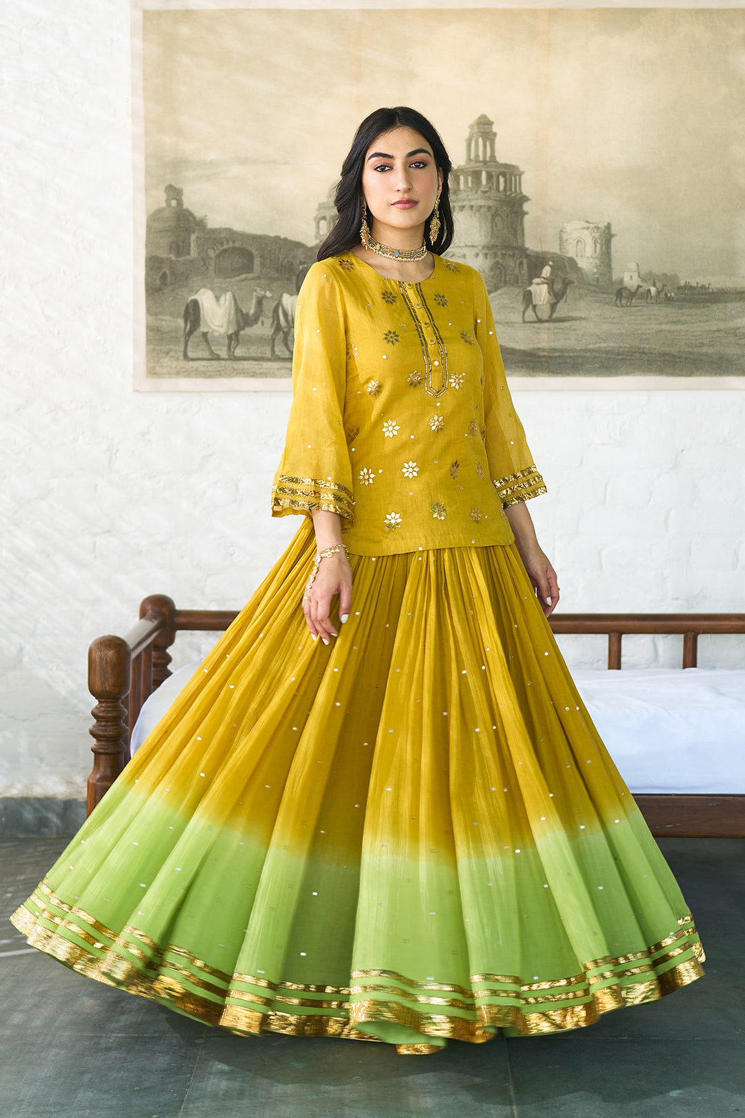 Ombre gota mustard to green embroidered short kurti with ombre skirt and dupatta ( set of 3 ) RTS