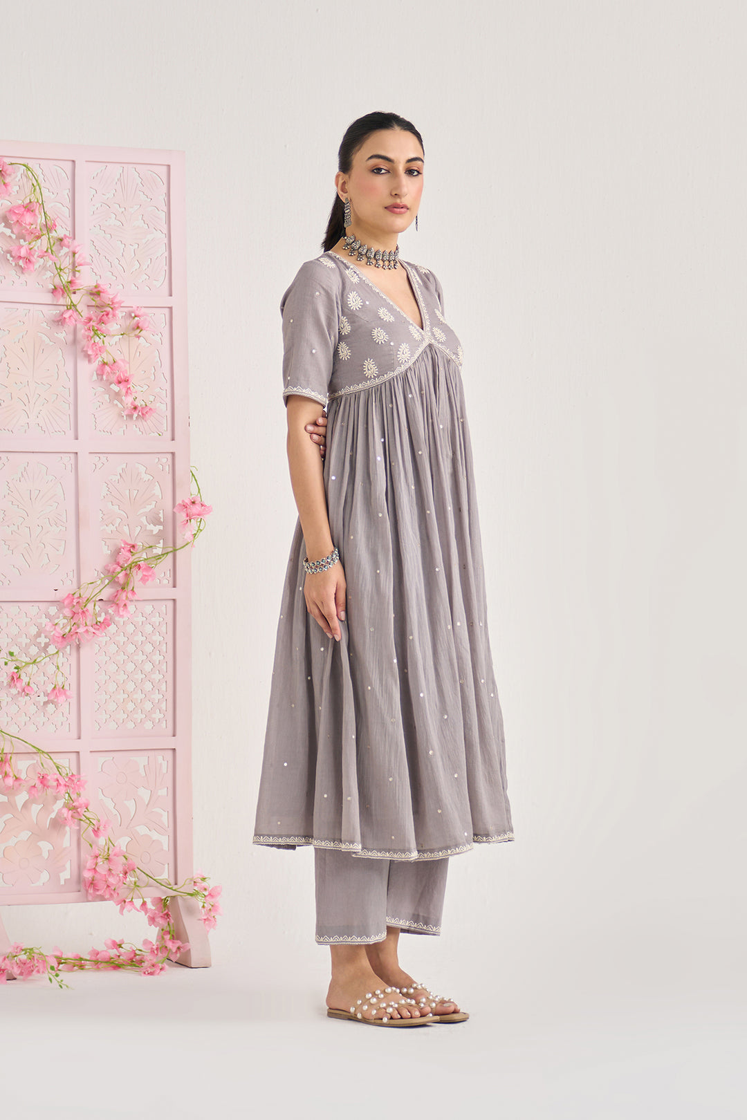 Chikankari summer 26" Grey Chikankari vneck gathered kurta with palazzo and dupatta ( set of 3)